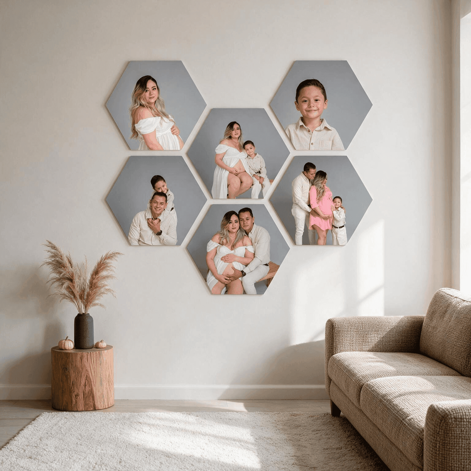Hexaframes OneProArt: hexágonos fotográficos laminados en un muro