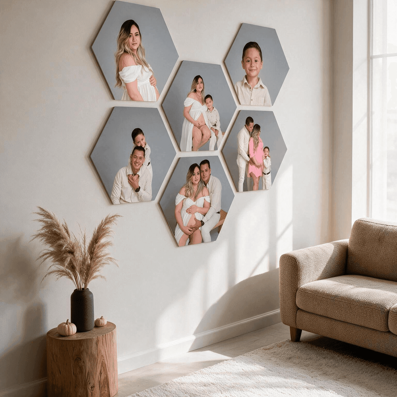 Conjunto de Hexaframes con retratos de familia en hexágono