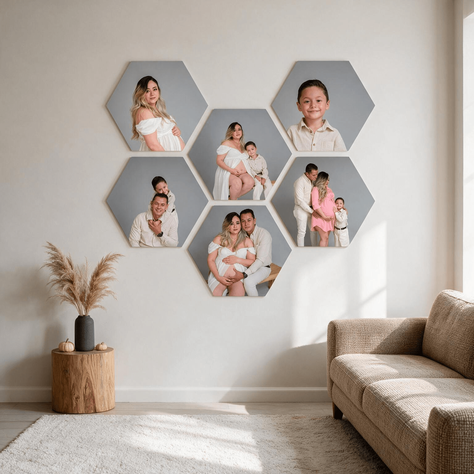 Hexaframes OneProArt: hexágonos fotográficos laminados en un muro