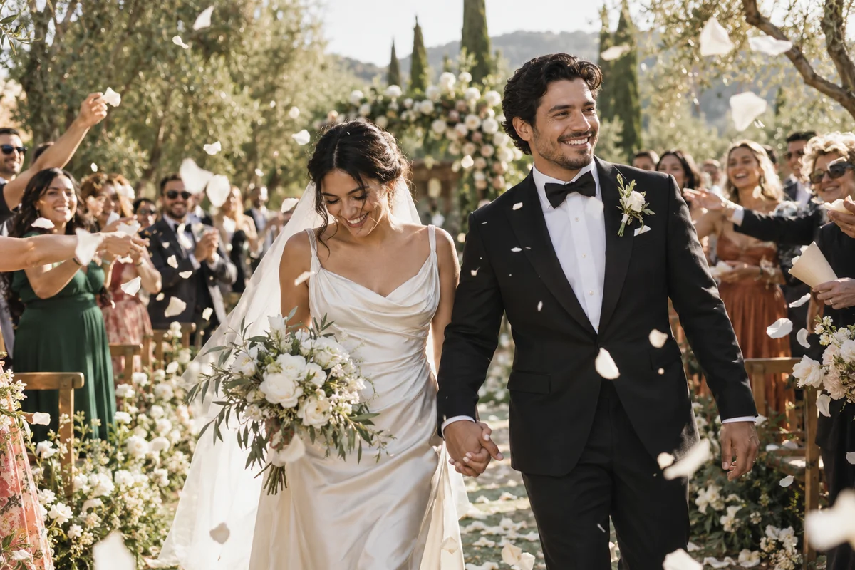 Novios entre pétalos al salir de su ceremonia · imagen generada con IA