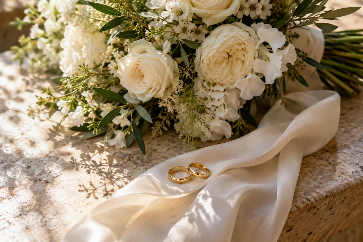 Anillos de boda y ramo sobre una cinta de seda · imagen generada con IA