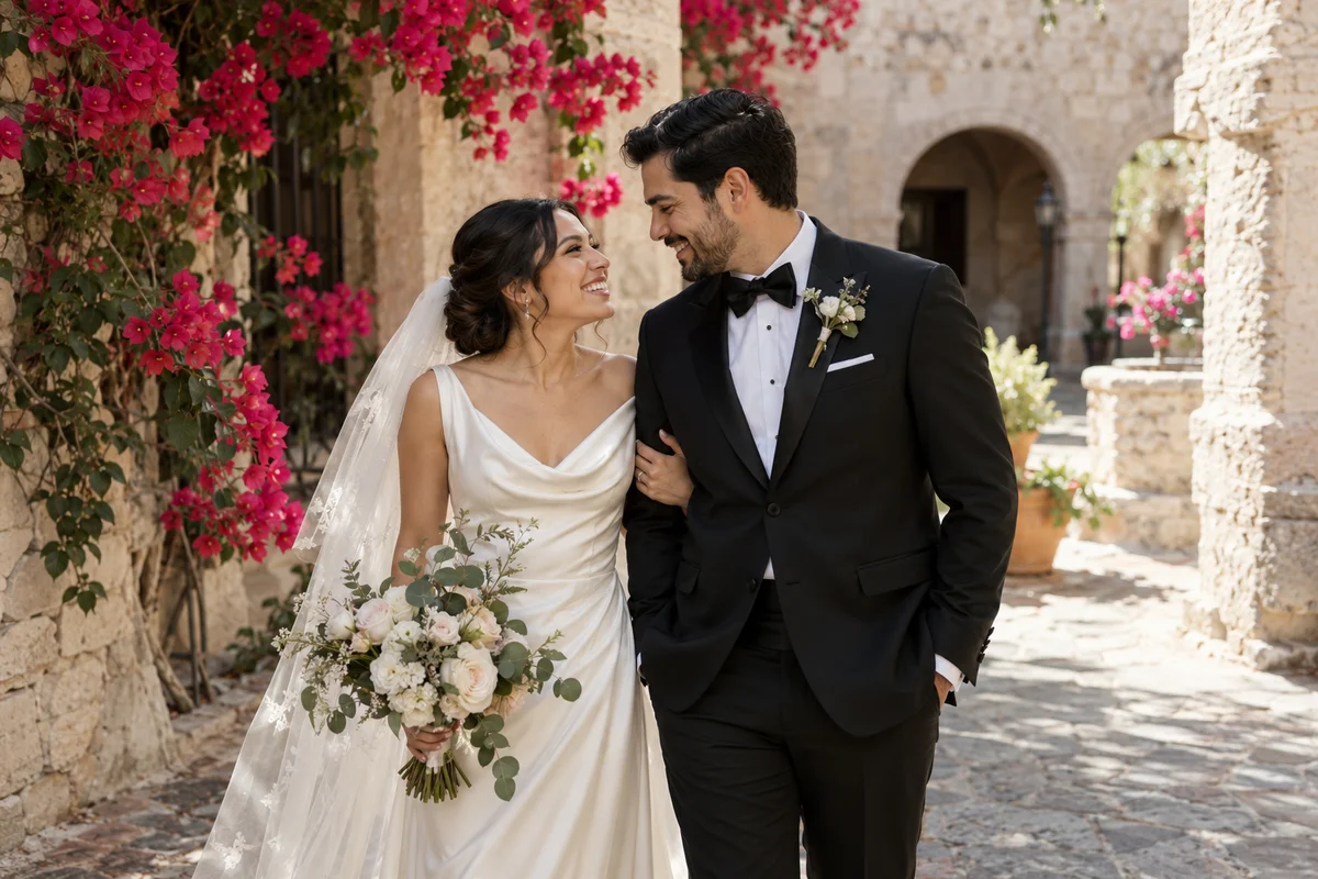 Retrato de novios en un patio con flores · imagen generada con IA