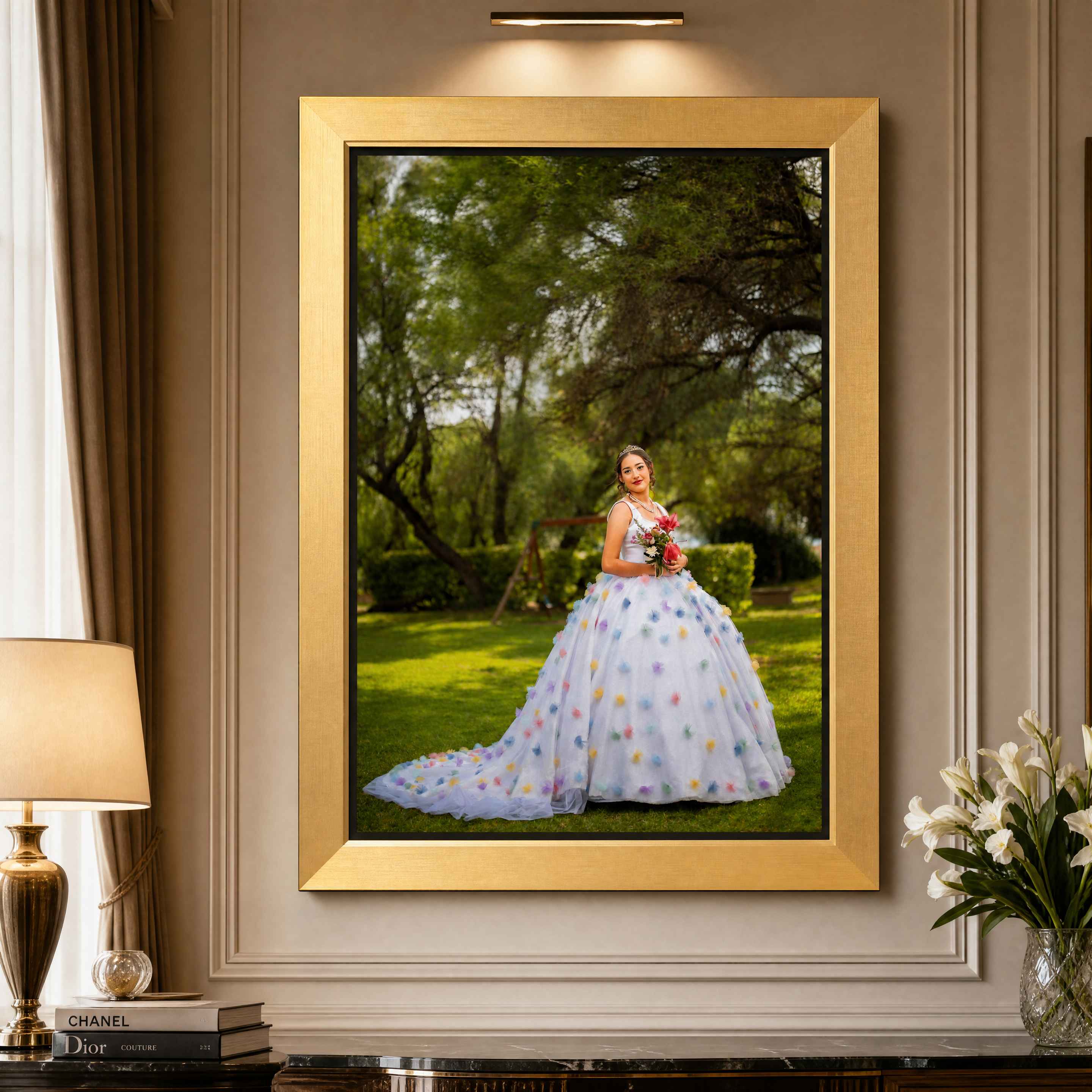 Fotografía enmarcada con moldura dorada OneProArt